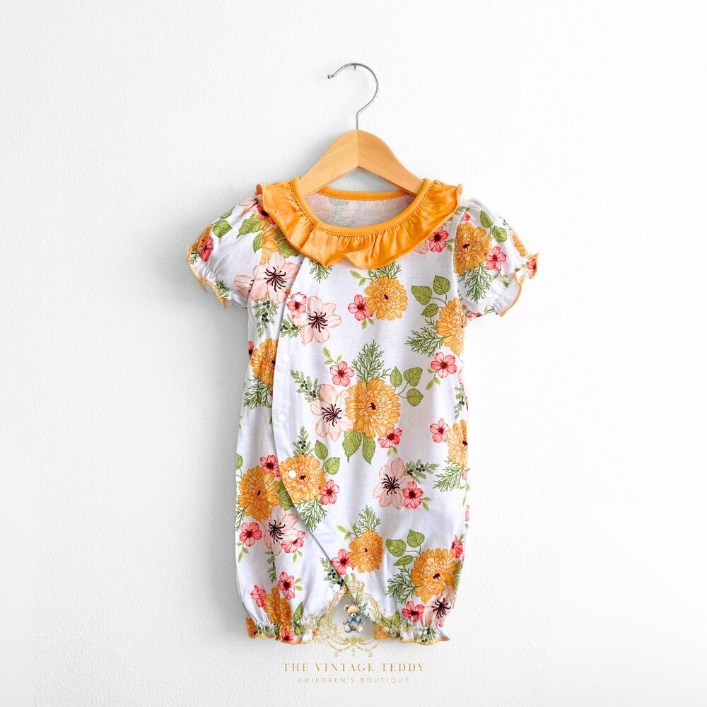NWT Pretty Girls Romper One-piece Short Sleeve Bubble Floral Tangerine 9-12M